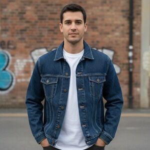 Y2K New York Jean Co Denim Trucker Jacket Men's M Pockets Dark Wash Streetwear